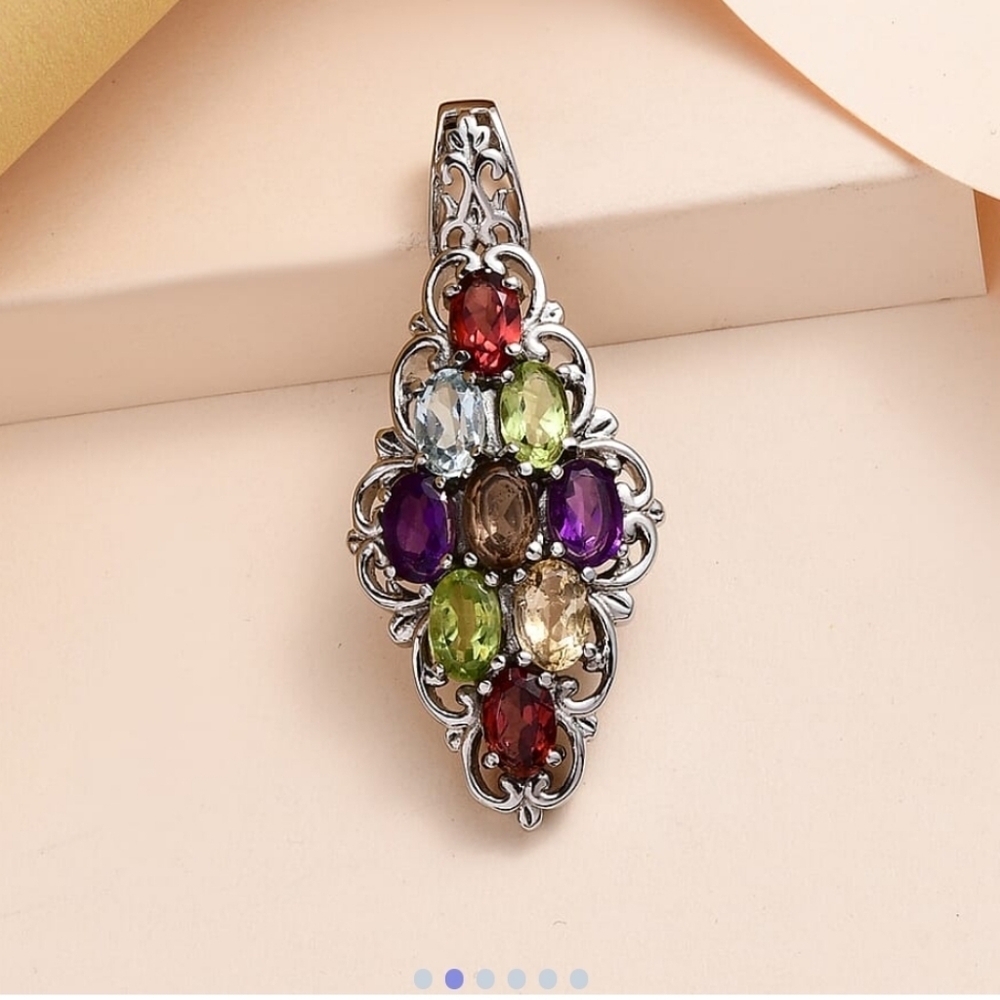 🆕️ Multi Gemstone Elongated Pendant in Stainless Steel 4.00 ctw